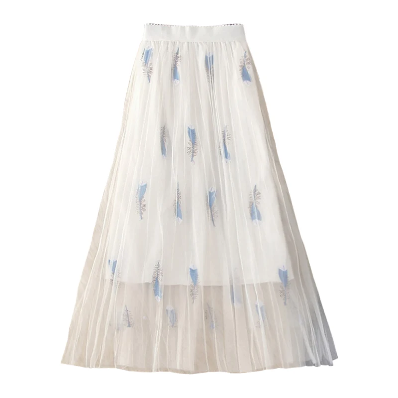 

PERHAPS U Mesh A Line Feathers Embroidery White Beige Maxi Long Skirt High Street Empire Vintage Retro S0050