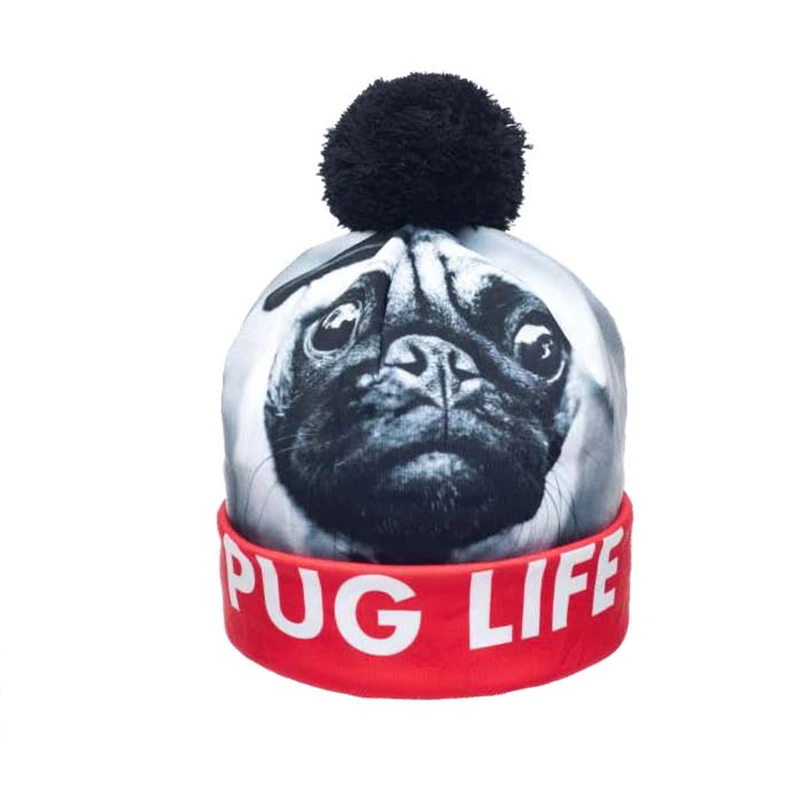 Новинка 2019 осенне зимняя женская шапка FCCEXIO с 3D принтом Galxy PUG и CAT теплая помпоном