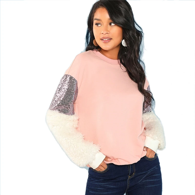 SHEIN Нарядный Свитшот С Контрастной Отделкой, Гламурный Свитшот С Длинным Рукавом И Блестками