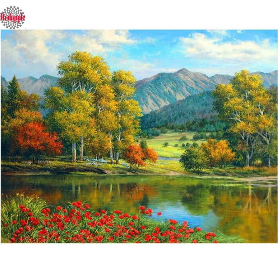 

Full Diamond Mosaic 3D Diamond Embroidery Landscape Lake and forest Tree Diy Diamond Painting Mountain village Pattern decor art