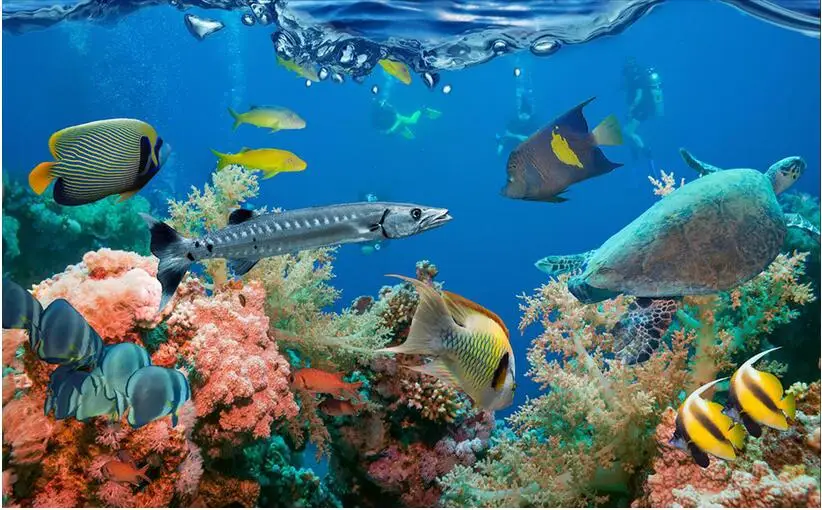 3d обои на заказ фотообои Морской Мир Рыба черепаха кораллы гостиная домашний