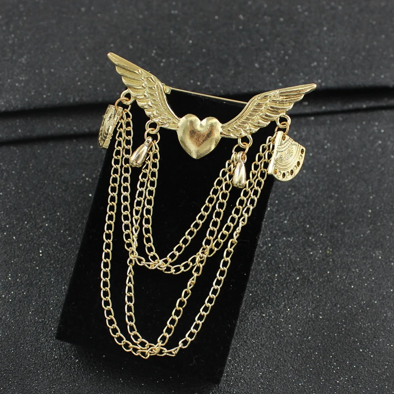Retro fashion Angel wings Connecting metal long chain Love shape Pendant brooch Men's and women's clothing accessories | Украшения