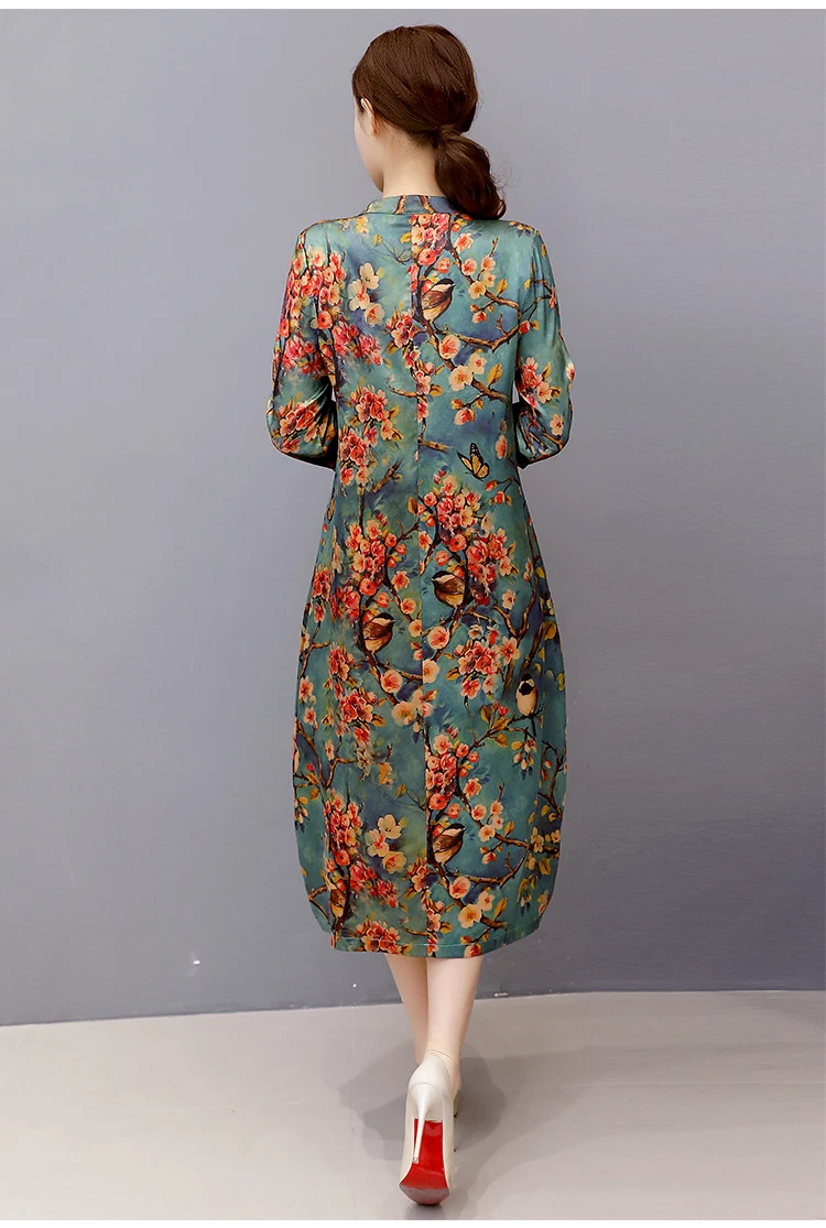 Женское шелковое платье с винтажным принтом Элегантное Длинное в этническом