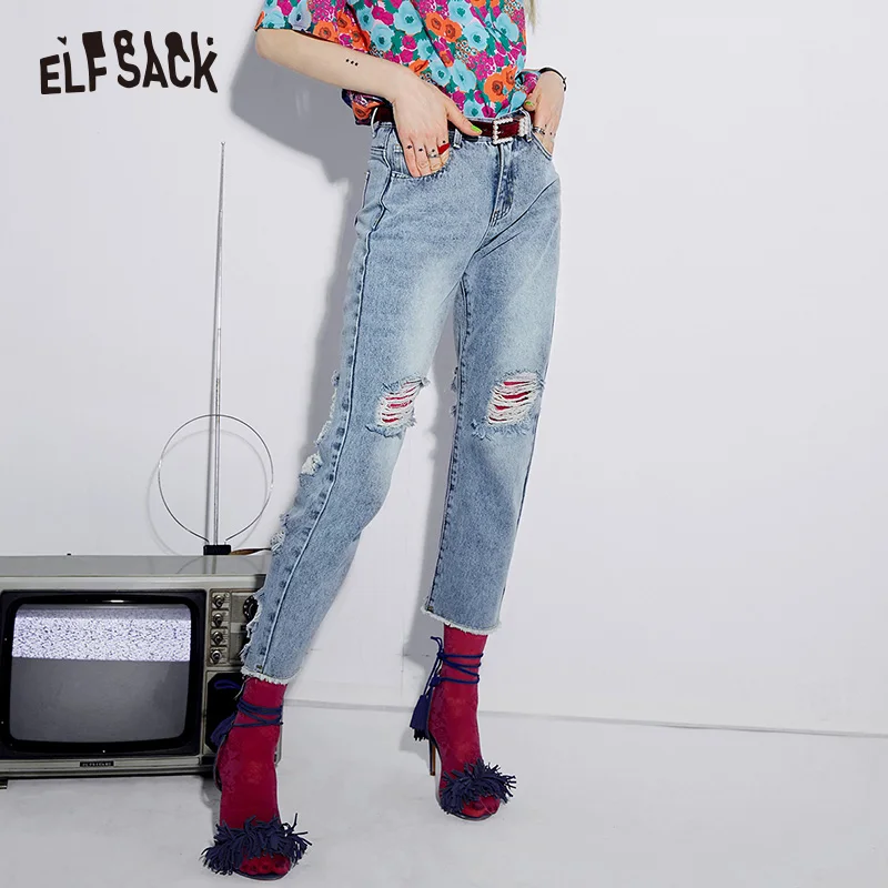 ELFSACK, небесно-голубые потертые джинсовые штаны, уличная одежда, прямые женские джинсы со средней талией, летние модные рваные джинсы для женщин