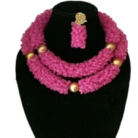 4ujewelry dubai jewelry sets fuchsia and gold african style weddings beads 2 rows big nigerian necklace set crystal fashion set