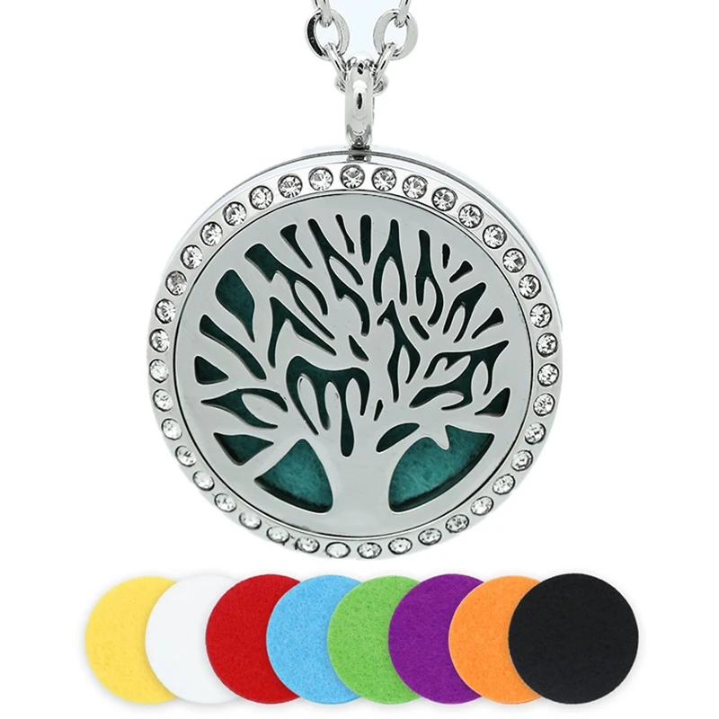 

BOFEE Tree Of Life Stainless Steel Essential Oil Locket Necklace Pendant Aromatherapy Diffuser Locket Crystals Jewelry Gift 30MM