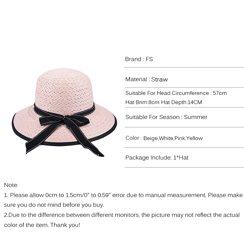 Женская пляжная соломенная шляпа FS с широкими полями и бантом желтого белого