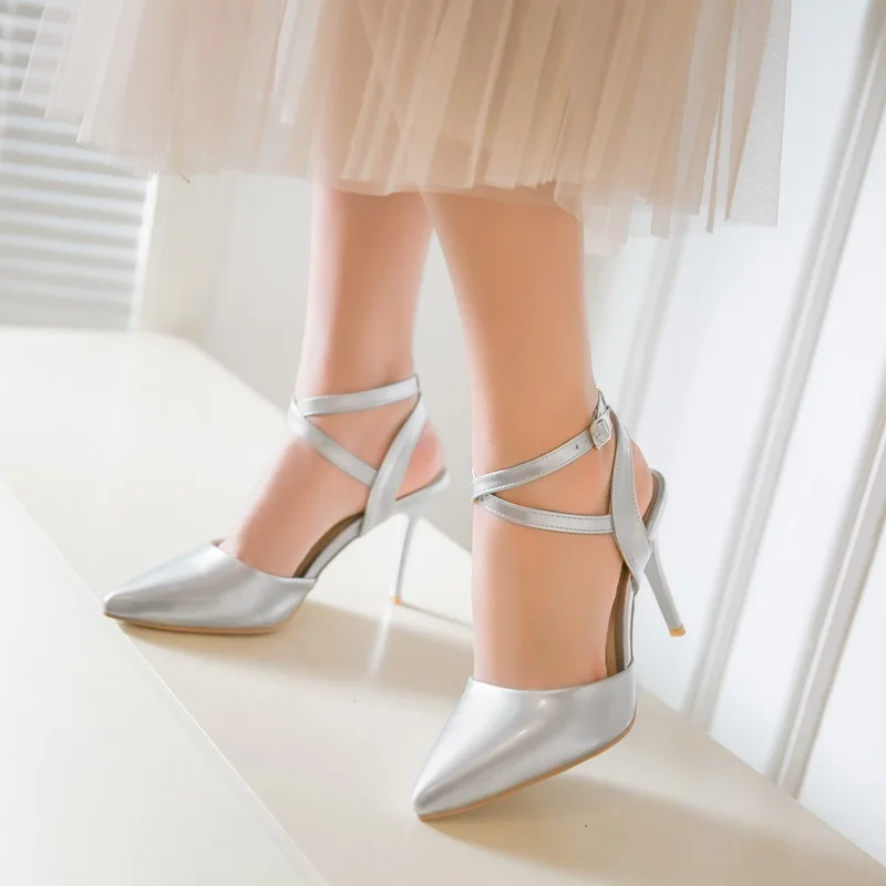 KSJYWQ Plus Size Women Pumps 9 CM High Heels Silver Party Sandals Summer Dress Pointed-toe Buckle Slingbacks Box Packing 169 | Обувь