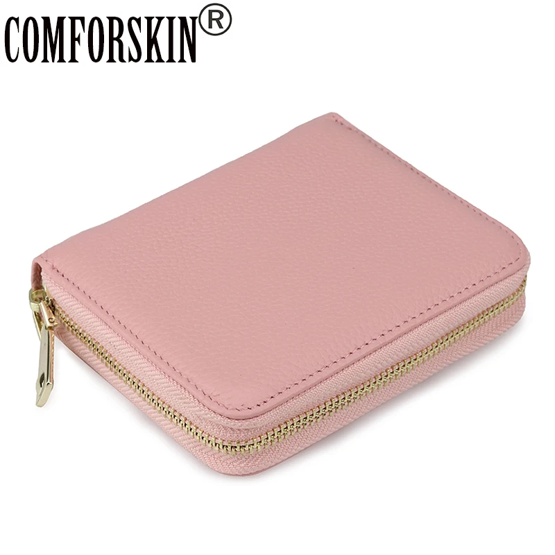 COMFORSKIN New Arrival Brand ID Card Wallets Genuine Leather Zipper Unisex Credit Card Holders High Quality Business Card Case