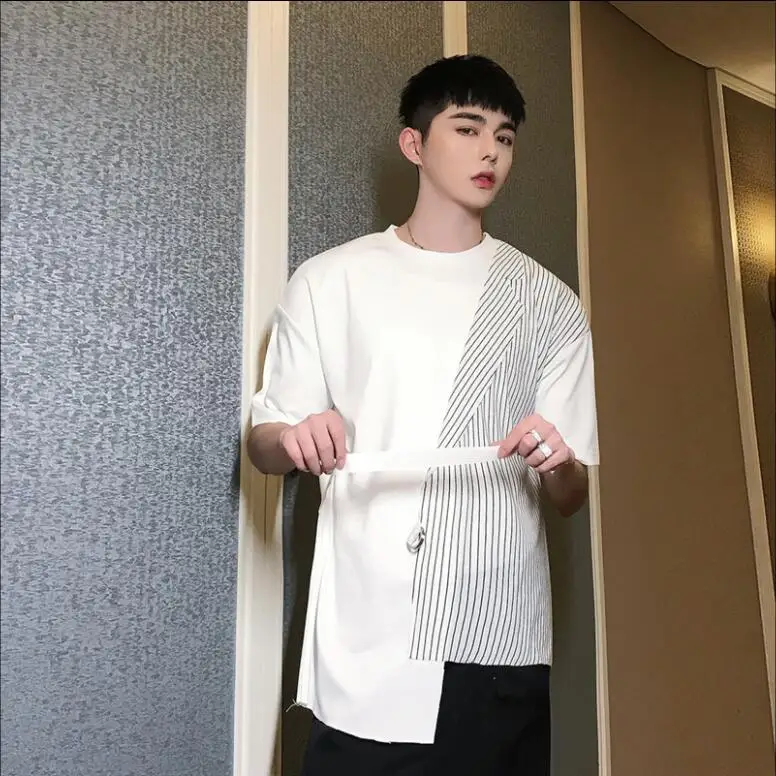

Dark style individual suit collar patchwork stripes color contrast T sleeve men short sleeve club hairstylist T-shirt summer