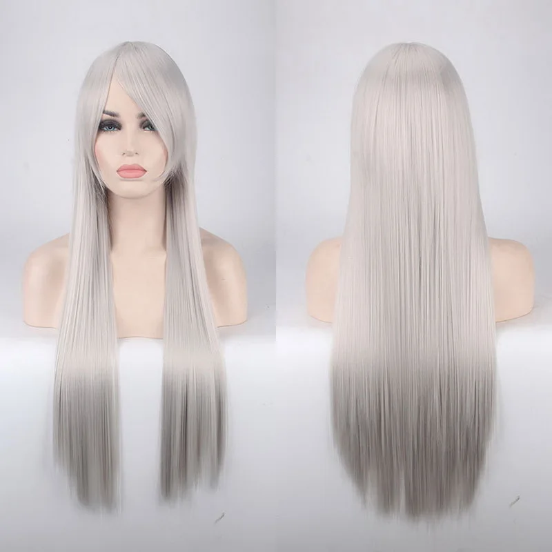 Gray Silver Yiyaobess 80 см синтетический длинный прямой черный фиолетовый розовый Красный Оранжевый Зеленый Коричневый Белый блондин серый синий косплей парик челка - Цвет: Gray Silver