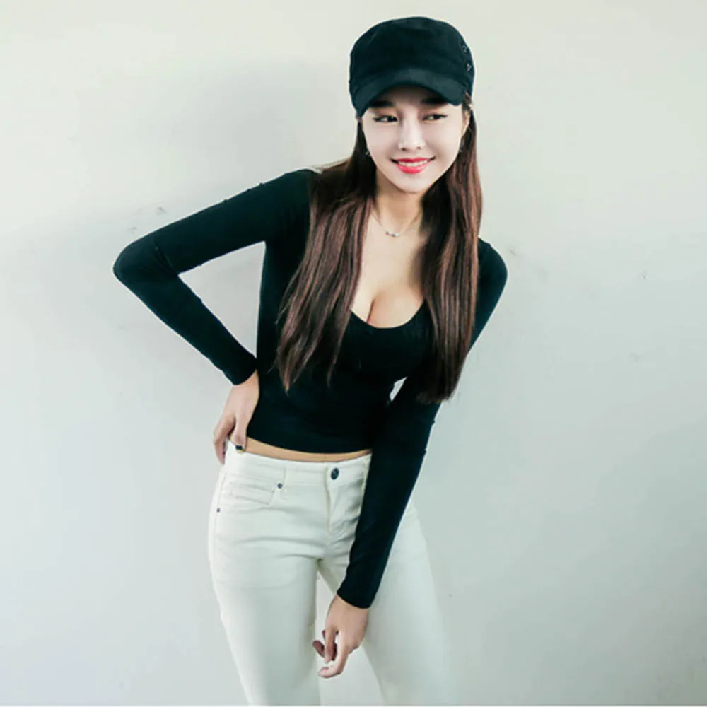 womens tops fashion 2015 autumn t shirt sexy bodysuit low collar V-neck t-shirt women crop top | Женская одежда