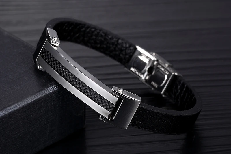 Fashion 2016 Charm Bracelet Men Punk Titanium Stainless Steel Black genuine Leather Bangle For Jewelry | Украшения и аксессуары