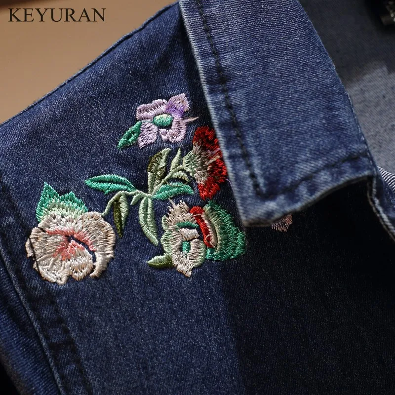 Elegant Spring Autumn Chic Floral Embroidery Dresses Long Sleeve A-Line Women Casual Denim Lapel Single-breasted Dress Big Size | Женская
