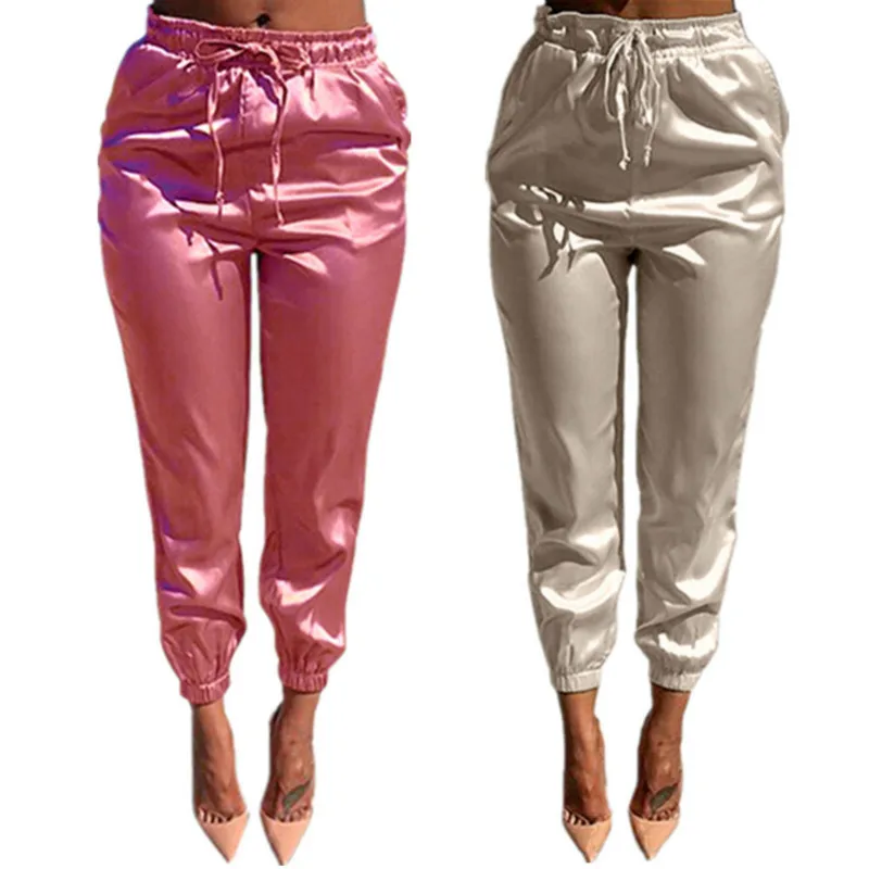 Женские Стрейчевые брюки шелковые обтягивающие сатиновые модные высокое