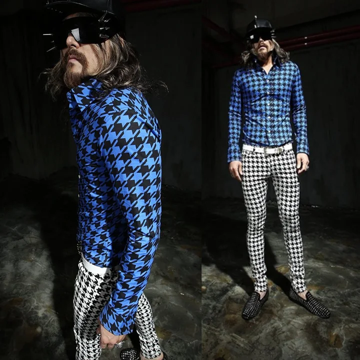 Новейшая мужская приталенная рубашка ночного клуба певицы твидовая лапка