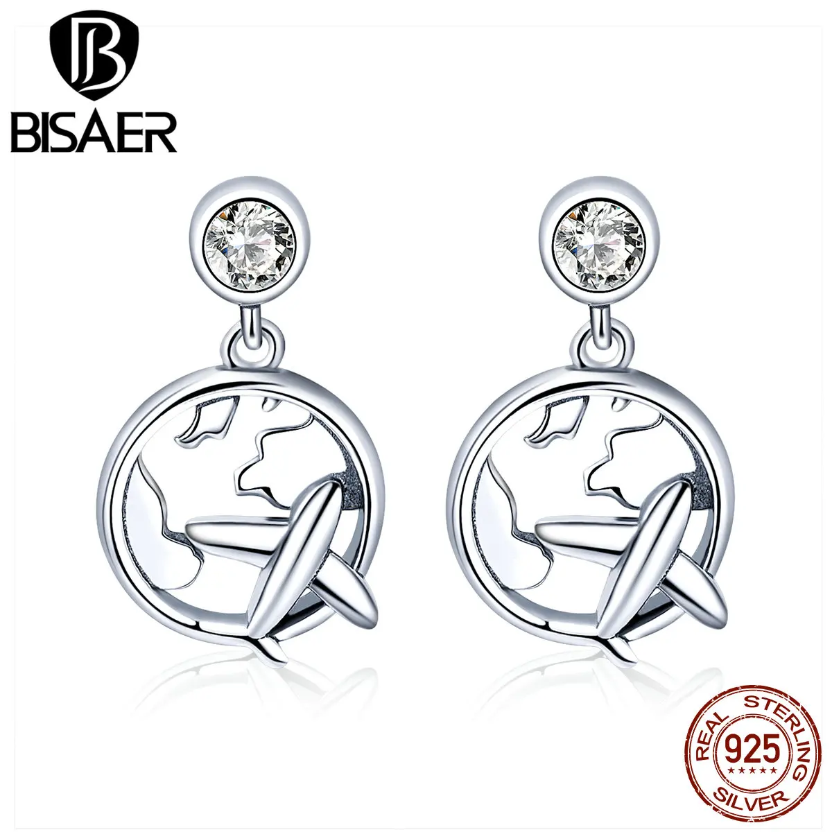 BISAER, 925 пробы, серебряные серьги-гвоздики для женщин в форме карты, модные серьги, ювелирные изделия, бижутерия ECE427