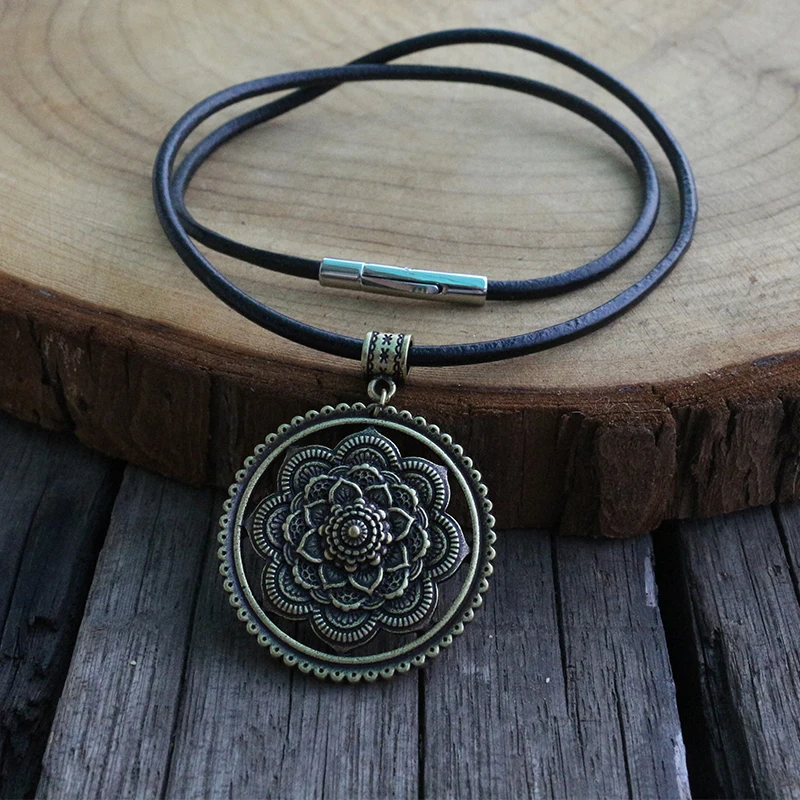 

Mandala flower pendant necklace yoga jwelry with Genuine Leather Stainless Steel Clasp chain
