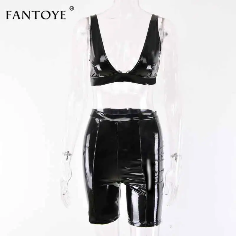 Black Fantoye из искусственной кожи, сексуальный клубный облегающий комплект из 2 предметов для женщин, Осенний укороченный топ без рукавов и шорты, тренировочный комплект из двух предметов - Цвет: Black