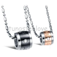 1 piece valentine couples forever love stainless steel cylinder pendant necklaces with crystal for womens mens