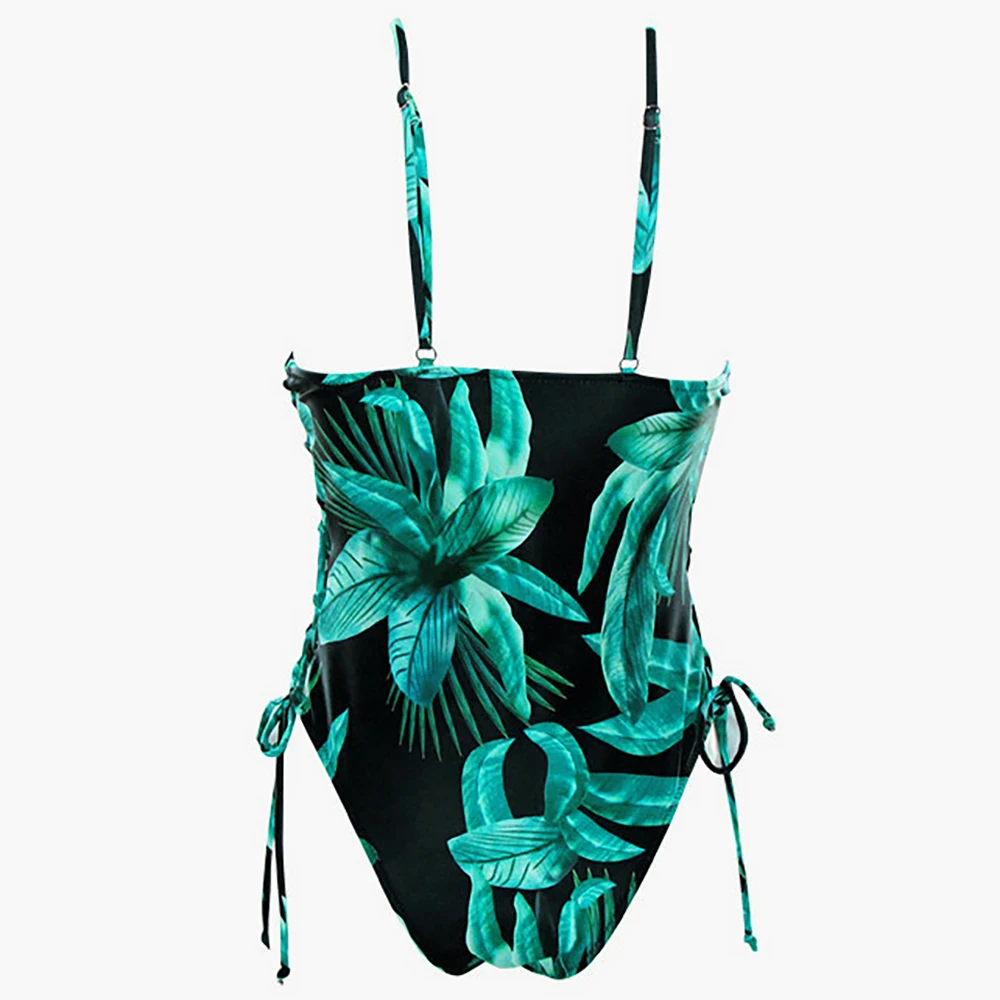 Цветочный цельный купальник женский 2019 Глубокий V портовый струнный Сексуальный