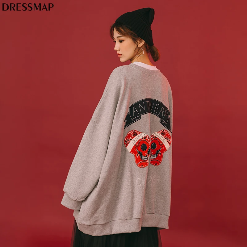 Dressmap 2017 Для женщин oversize-свитшот череп Вышивка уличной моды Толстовки Прохладный