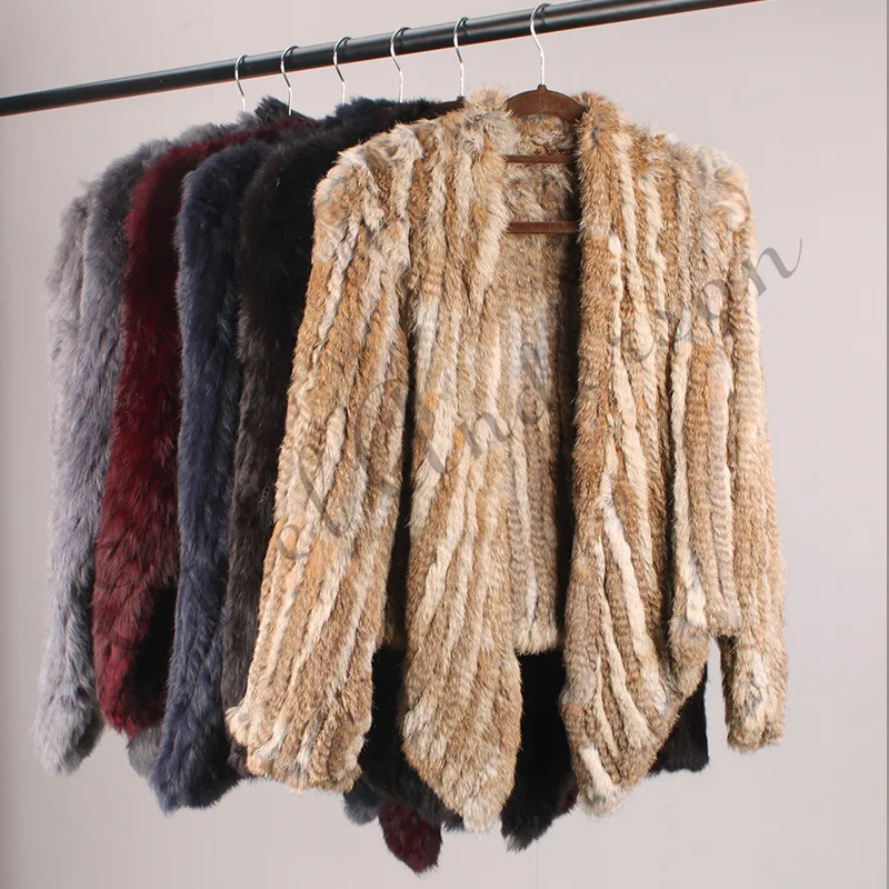 100% Real Knit Rabbit Fur Cardigan Coat Jacket Natural Hand-made Irregular Collar Garment Rabbit Fur Knitted Outerwear Vest