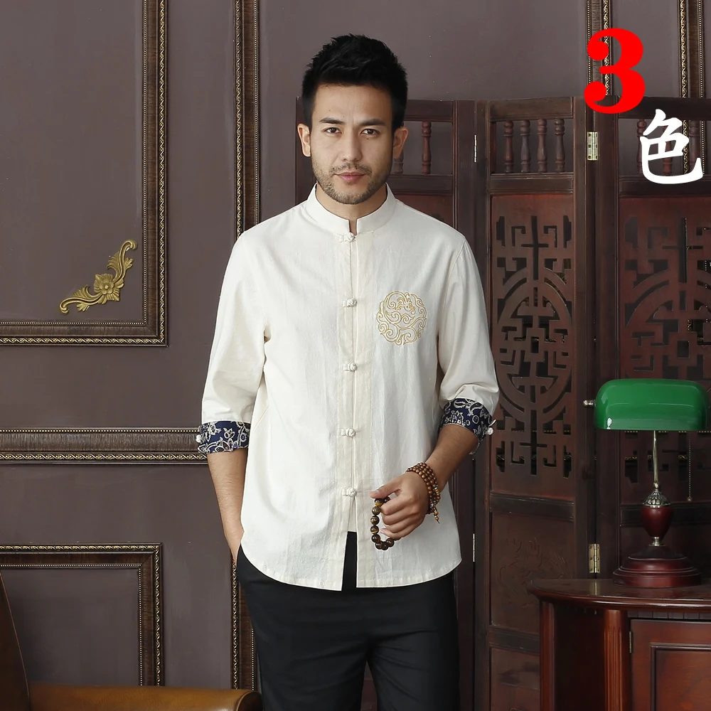 Летняя новая бежевая мужская хлопковая льняная рубашка топы винтажная китайская