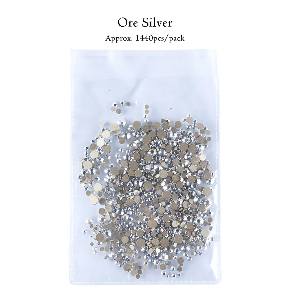 Ore Silver 1440 шт Стразы смешанных размеров кристаллы для ногтей AB плоские с оборота драгоценные камни цветные икры бусины 3D бриллианты стразы аксессуары для ногтей BE1015 - Цвет: Ore Silver
