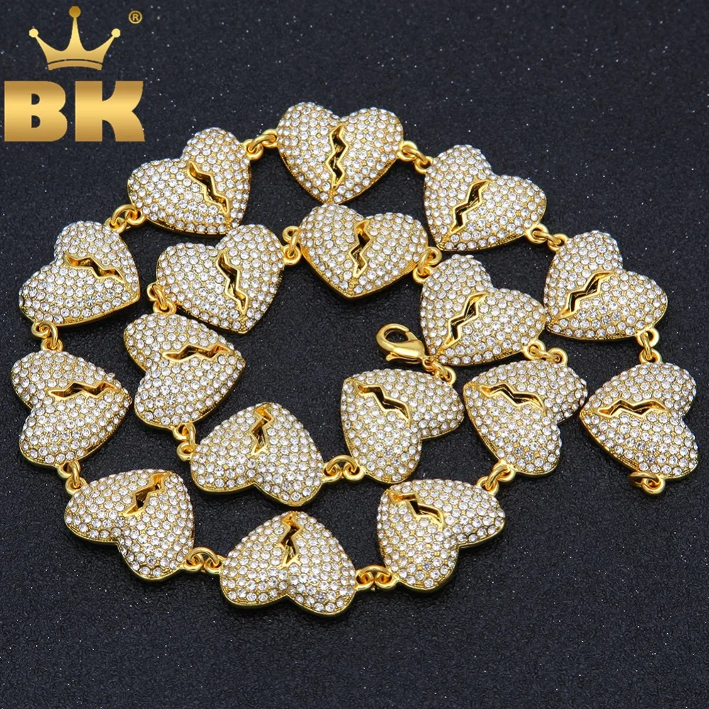 

New Broke Heart Necklace For Men Full Iced Out Rhinestones Gold Silver Color Fashion Hiphop Jewelry Drop Shipping