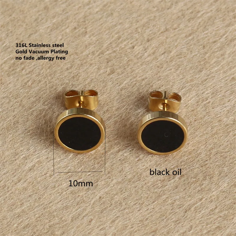 

316 L Stainless Steel Titanium Brief Style Stud Earrings 10mm Black Oil Round Shape Gold-color Plating No Fade Allergy Free