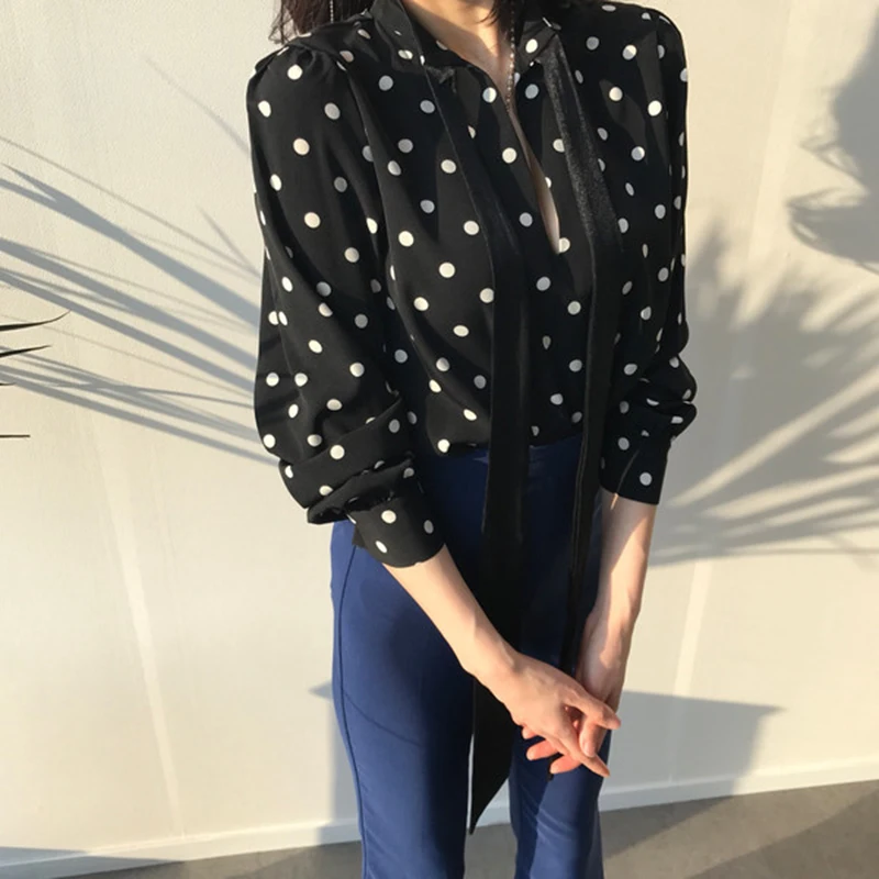 Модные женские топы и блузки RUGOD в горошек женская рубашка с длинным рукавом