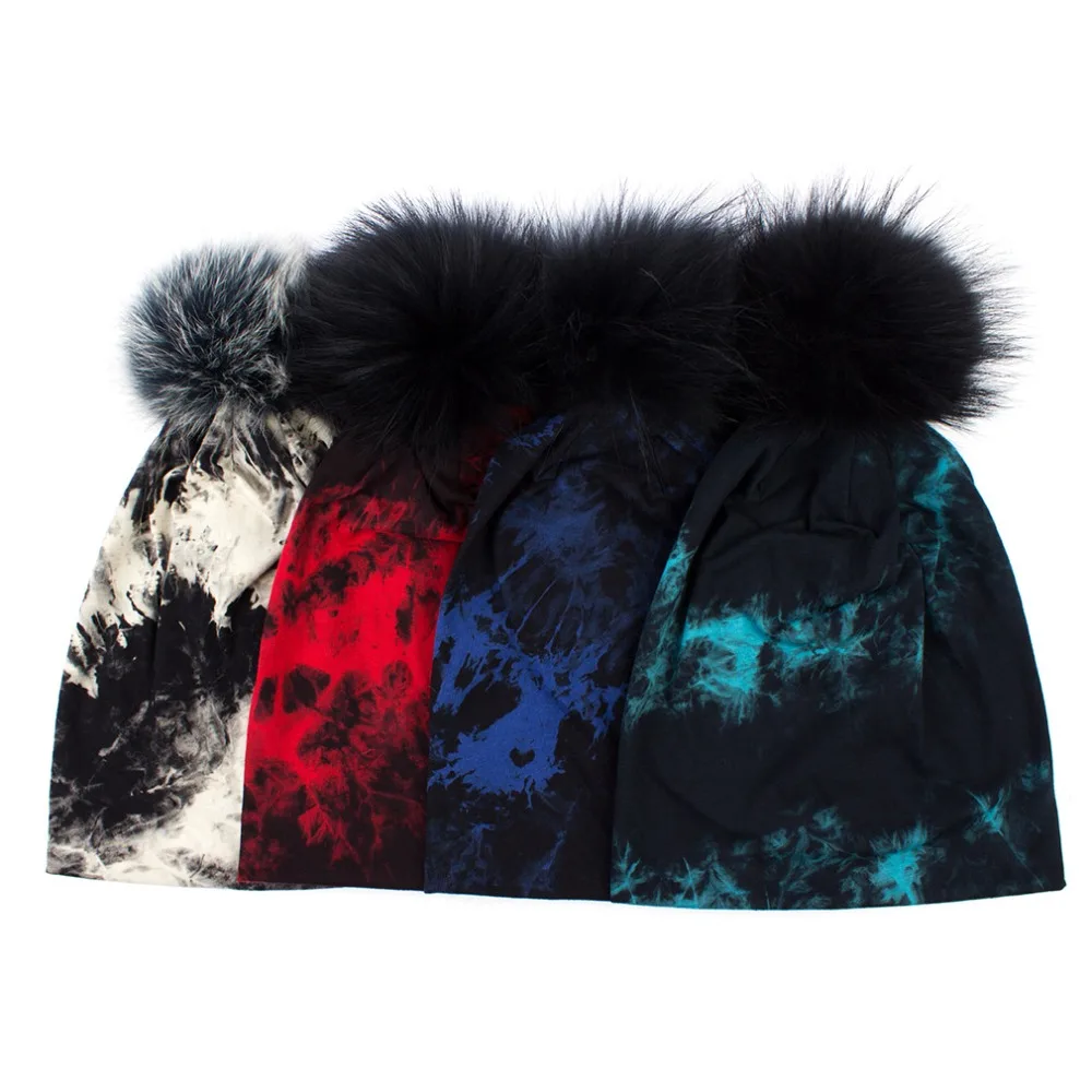 

Geebro Women's Tie Dye Beanies Hat with Pompom Spring Casual Cotton Hats Ladies 100% Raccoon Fur Pompons Skullies Beanies DQ073A