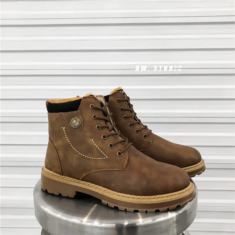 Men British Platform High Top PU Leather Boots Winter Warm Plush Lining Lace-up Square Heel Round Toe Male Rubber Martin | Обувь