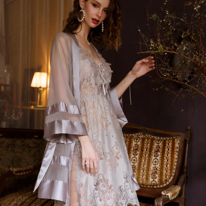 Искушение Сетчатое атласное вечернее платье кимоно широкая одежда серый