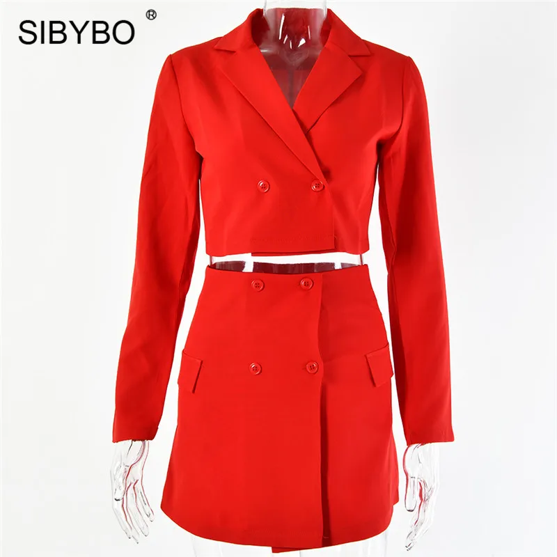 Красный Sibybo, пуговицы, а-силуэт, мини, сексуальный комплект из двух частей, платье с длинным рукавом, фигурное, осеннее платье, женское, одноцветное, повседневное, офисное, Дамское Платье - Цвет: Красный