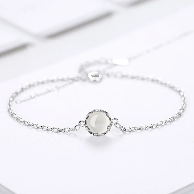 Настоящий чистый 925 пробы серебряный с лунным камнем браслет Femme Argent Chain Braslet женский натуральный камень ювелирные изделия Женская повязка SB022