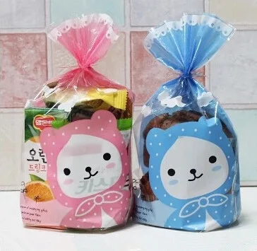 

Free shipping cookie dessert biscuit plastic bag cute pink blue bear gift packing flat bags candy package supplies favors