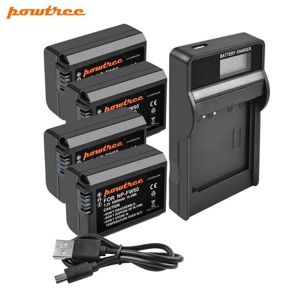 Powtree для Sony 4 шт. 2000 мАч 7 2 в NP FW50 NPFW50 Аккумулятор камеры + зарядное устройство ЖК