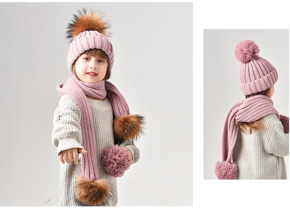 FURTALK Kids Winter Warm Chunky Thick Knit Beanie Hats and Scarves Real Fur Pompom Hat Scarf Set for Child Ages 2-10