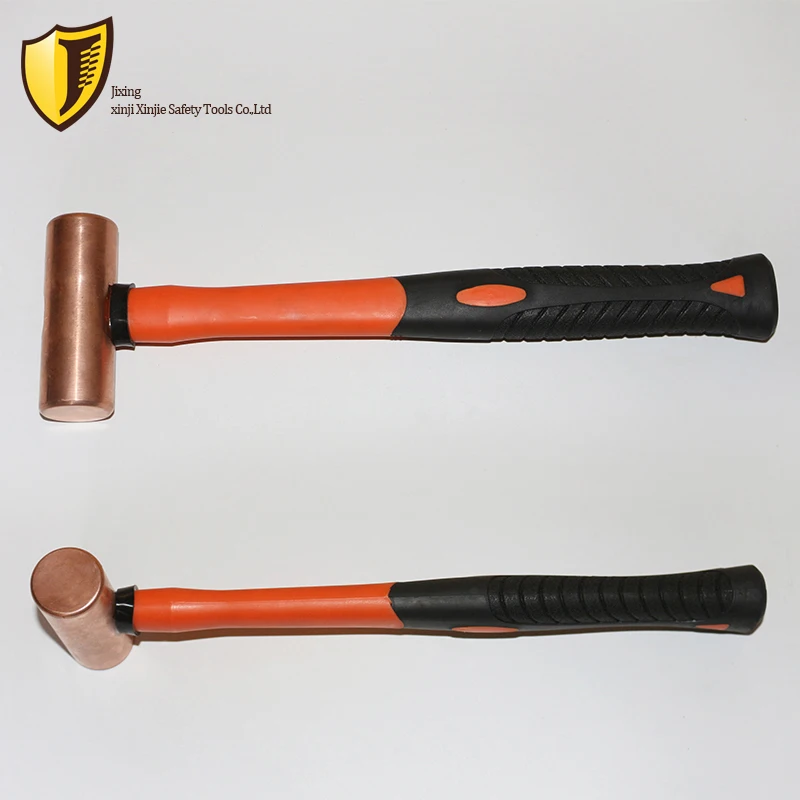 0.45kg/1p 0.68kg/1.5p Explosion-proof Red Copper Cylindrical Hammer with rubber handle Safety Tools |