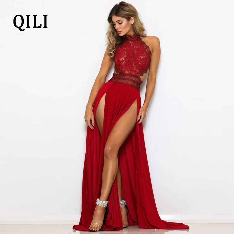 QILI, черное, красное, кружевное длинное платье макси, женское, с открытой спиной, с разрезом, сексуальные, вечерние, для клуба, платья, элегантные, для девушек, с перекрещивающимися сзади платьями, женское платье