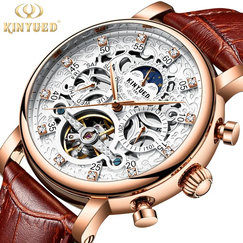 Автоматические часы KINYUED мужские водонепроницаемые механические Sun Moon Phase Tourbillon |