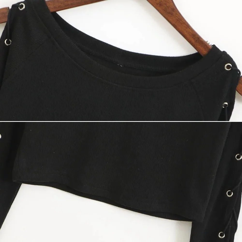 Женская мода Loose Lace up с длинным рукавом Crop Tops Повседневная Блузка трикотаж| |