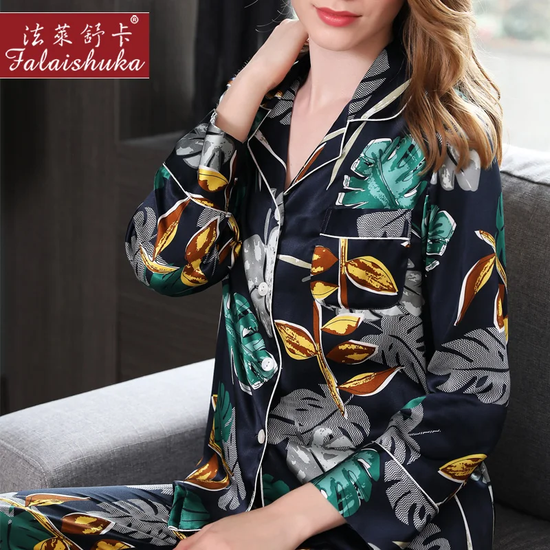 Womens 100% Silk Satin Pajamas Pyjamas Set 2019 Long Sleeve Sleepwear Suit Female Sleep Two Piece Set Loungewear Plus Size