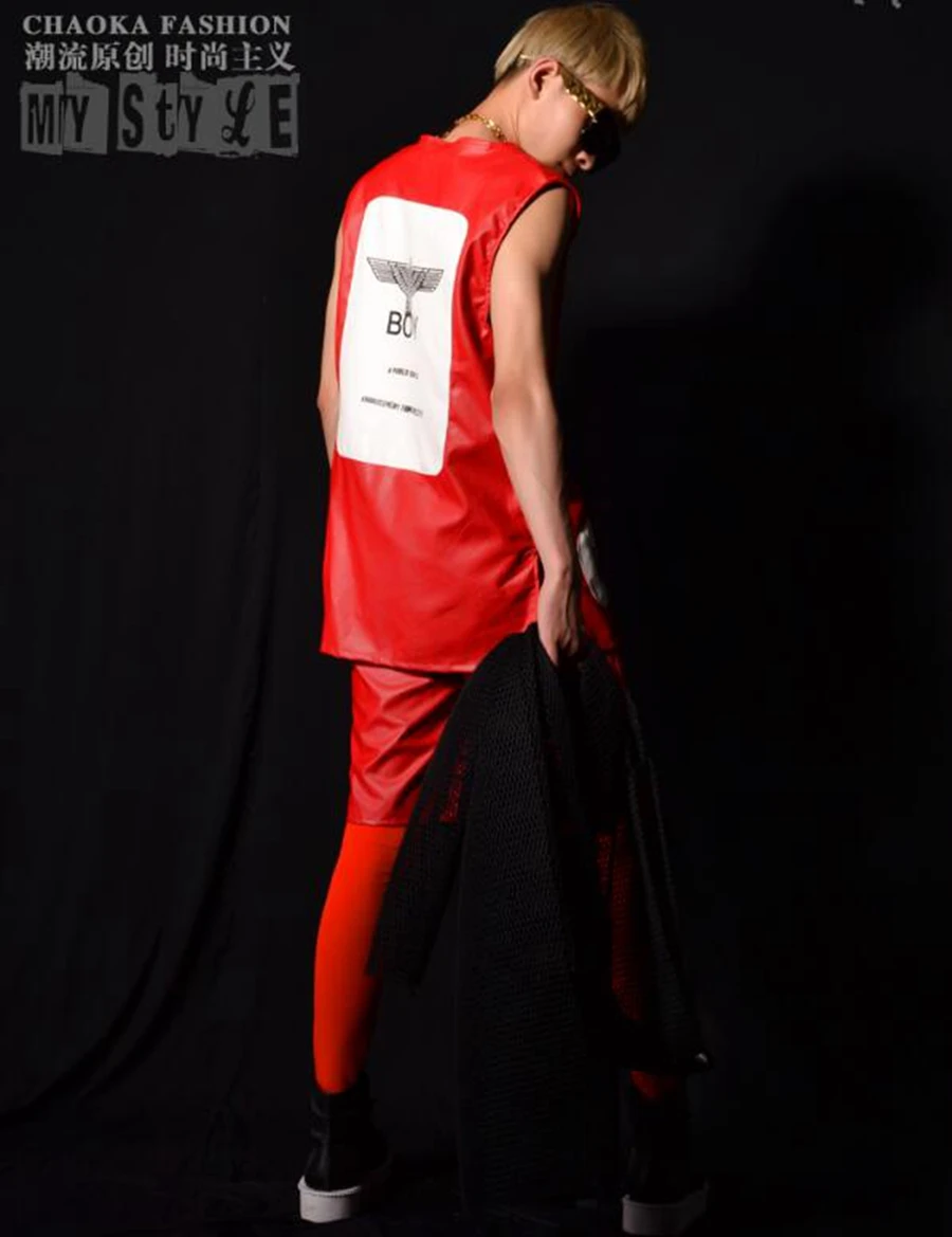 Men's new personality fashion boutique host bar singer cloak stage costumes dance clothing and leather vest suits / M-2xl |