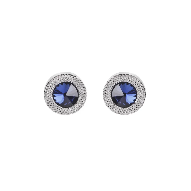 Синие циркониевые запонки Стразы Серебряные круглые с кристаллами мужские для
