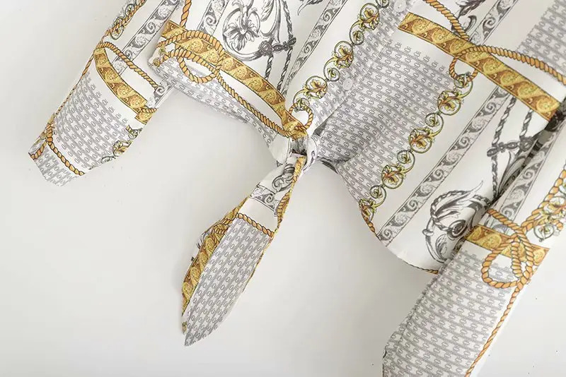 2019 г. новые женские винтажные Длинные рукава цепи лоскутное печати Вязаная блуза