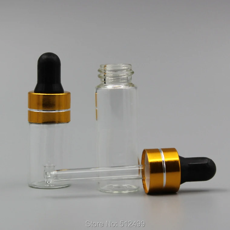 

50/100/200pcs 1ml 2ml 3ml 5ml Perfume Essential Oil Bottles clear Glass Dropper Bottle Jars With Pipette gold ring black head