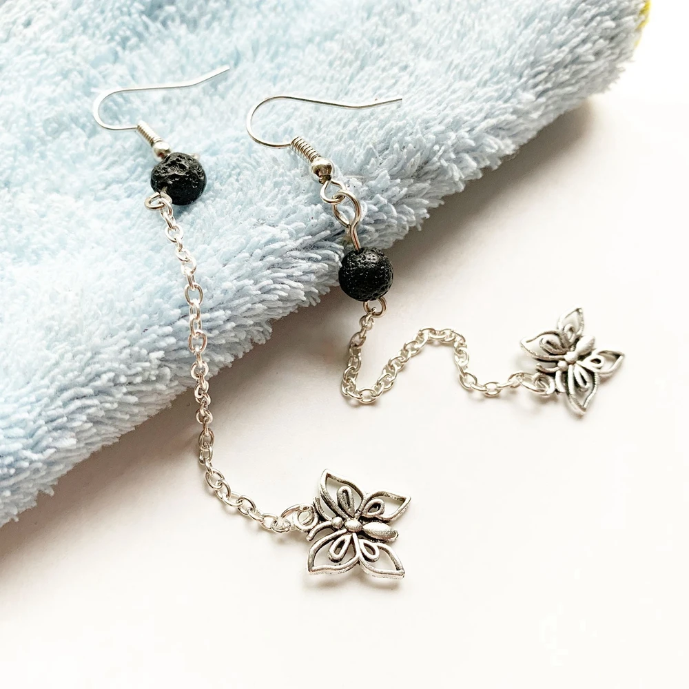 Черные бусины из лавового камня цепочка сделай сам висячие серьги Длинный крючок